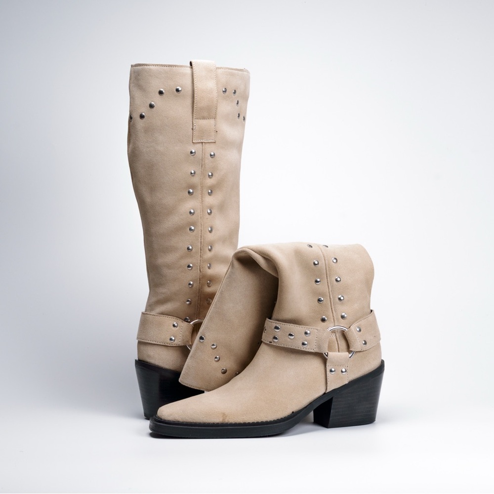 Beige Suede Knee-High Boots — Pointed Toe, Stacked Heel, Stud Detail - Picture 2 of 8